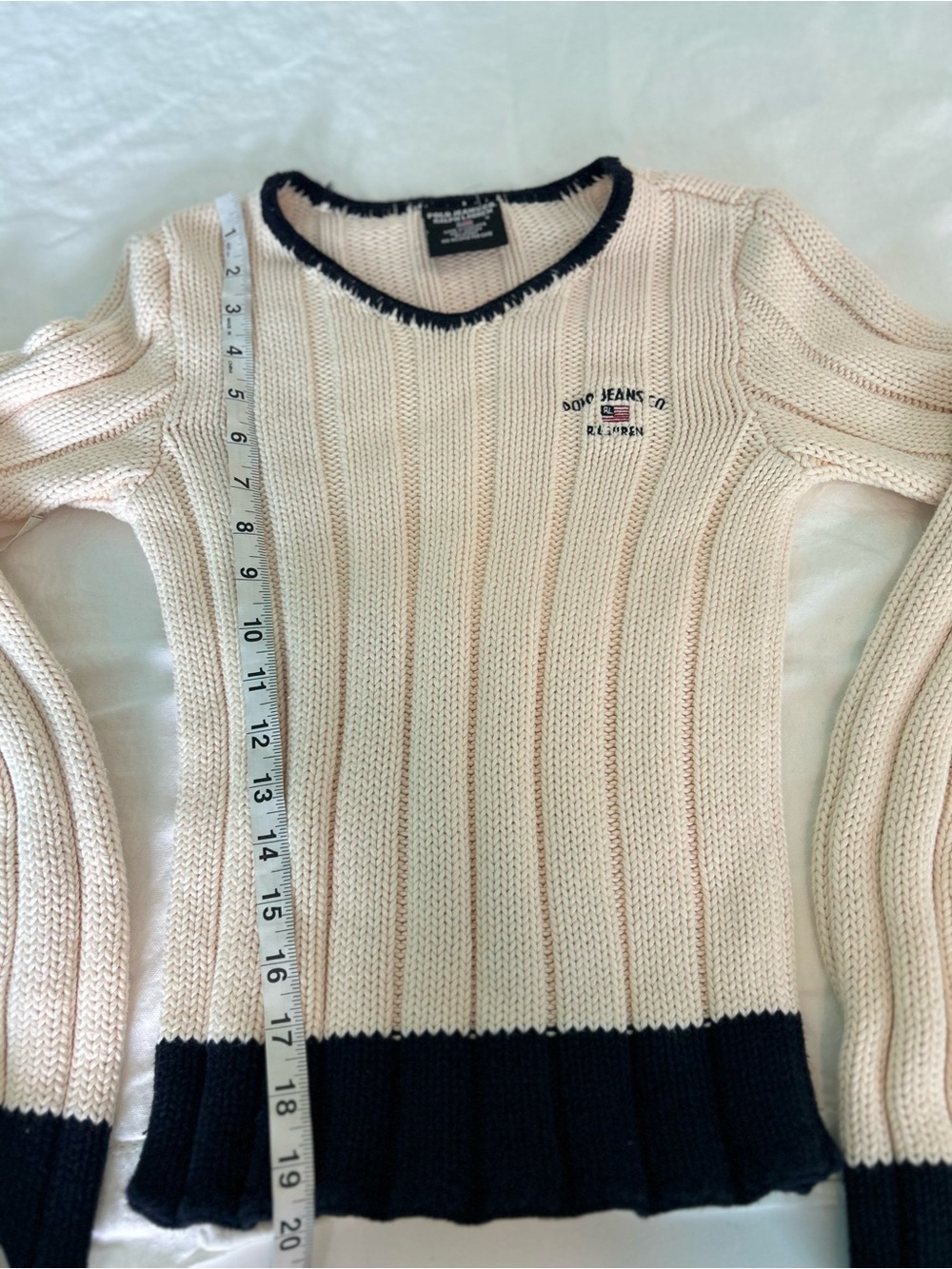 VTG Y2K Polo Jeans Co Ralph Lauren Flag Knit Sweater Cream Navy Blue Trim Small - Picture 7 of 8